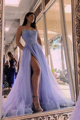 Lavender Tulle A-line Beaded Long Prom Dresses With Slit, Party Dress